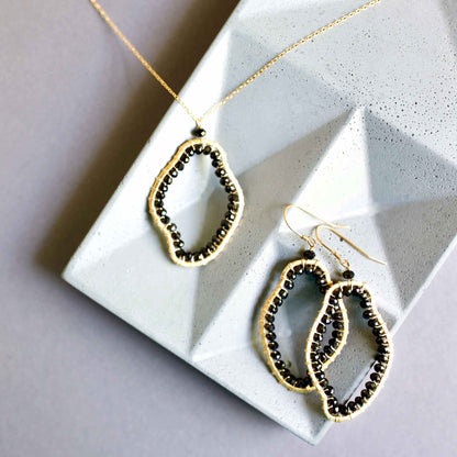 Black Spinel freestyle gold pendant and earrings set