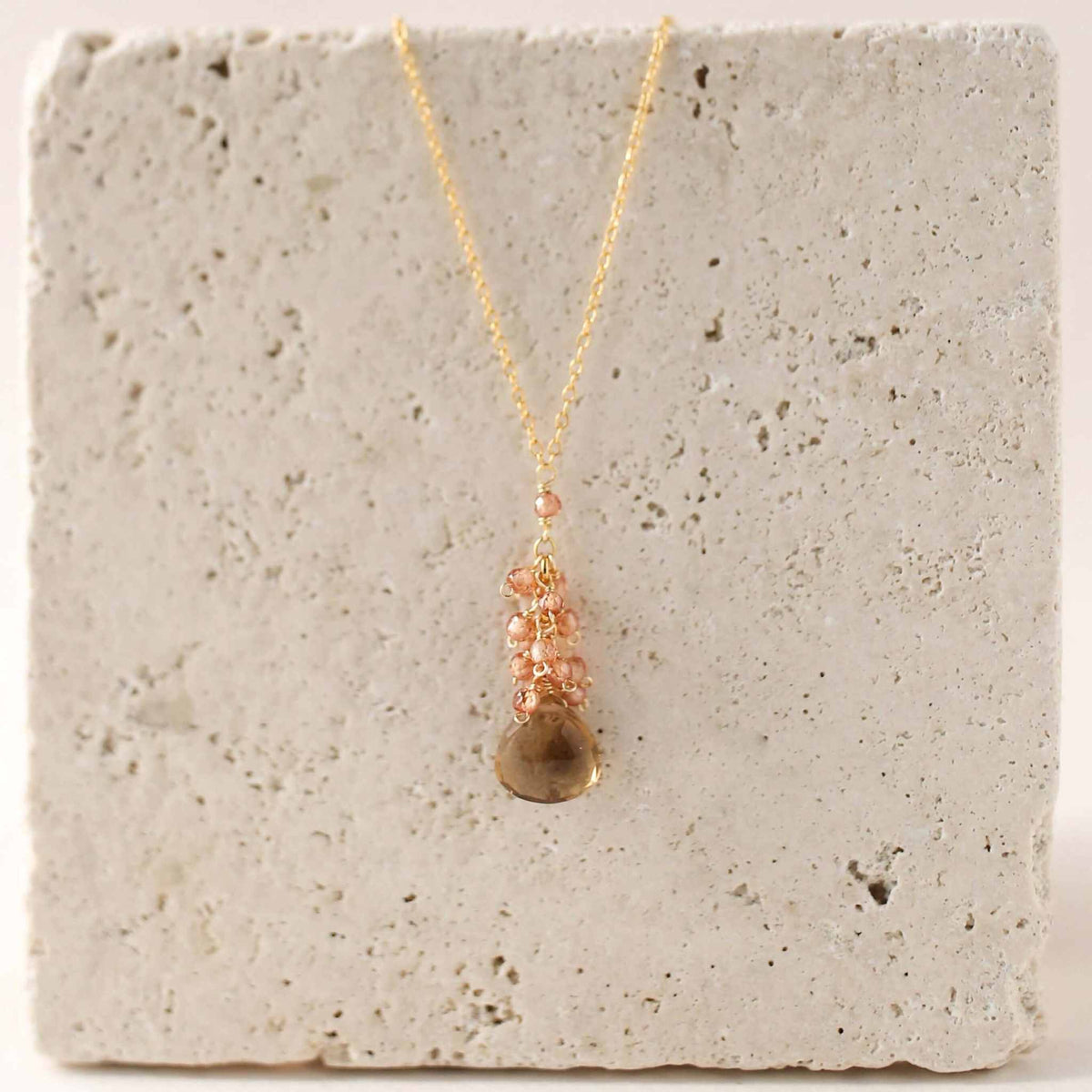 Smoky Quartz Cluster Necklace with floating raindrop smoky quartz and champagne quartz gems, 14k gold plated sterling silver, 16-18" length with extender chain