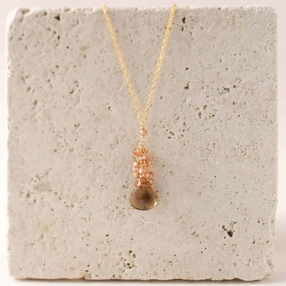 Smoky Quartz Cluster Necklace with floating raindrop smoky quartz and champagne quartz gems, 14k gold plated sterling silver, 16-18" length with extender chain