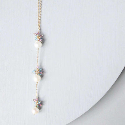 Pearl and pink tourmaline necklace with freshwater pearls and 14k gold plated sterling silver chain