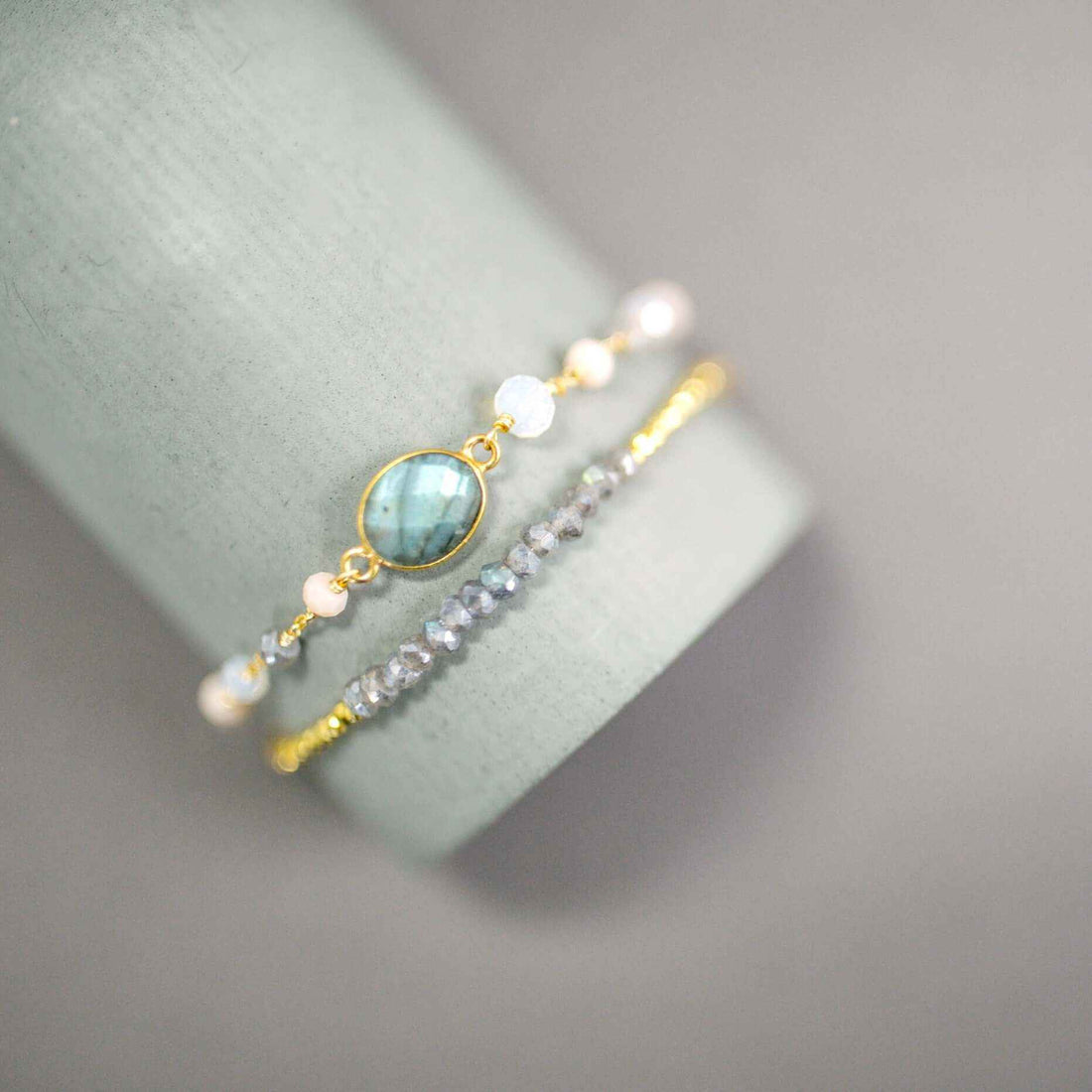 Labradorite &amp; Peach Moonstone Adjustable Gemstone BraceletThe ultimate arm candy and completely adjustable to fit anyone. Made with sparkling bezel gemstones and tiny stone accents.
Gorgeous alone or stacked. We&
