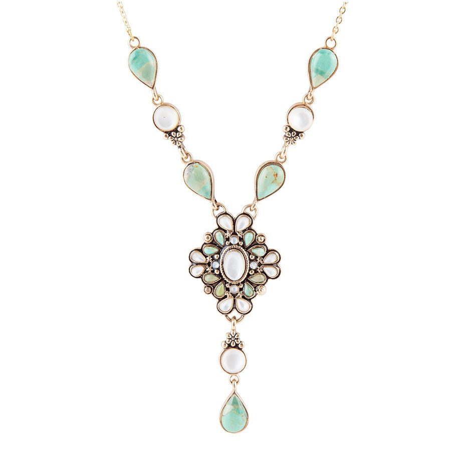 White Mother of Pearl and Blue Turquoise Golden Barcelona Y-Necklace