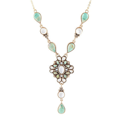 White Mother of Pearl and Blue Turquoise Golden Barcelona Y-Necklace