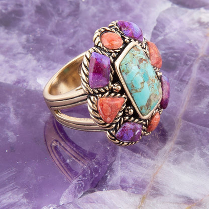 Blue Turquoise Colorful Floral Golden Ring