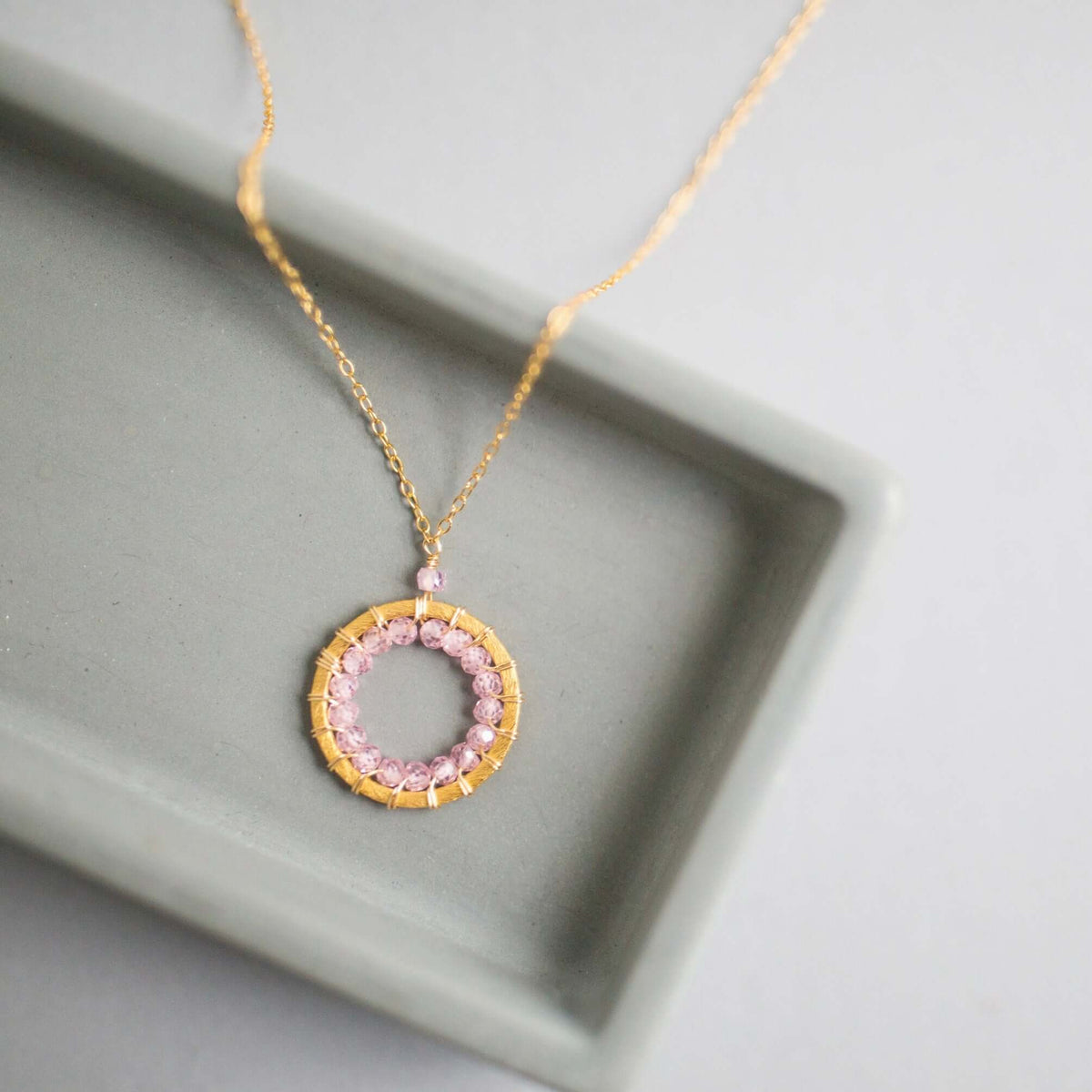 Rose Quartz, Pink Tourmaline and Ruby Quartz Halo Mini Gold Pendants