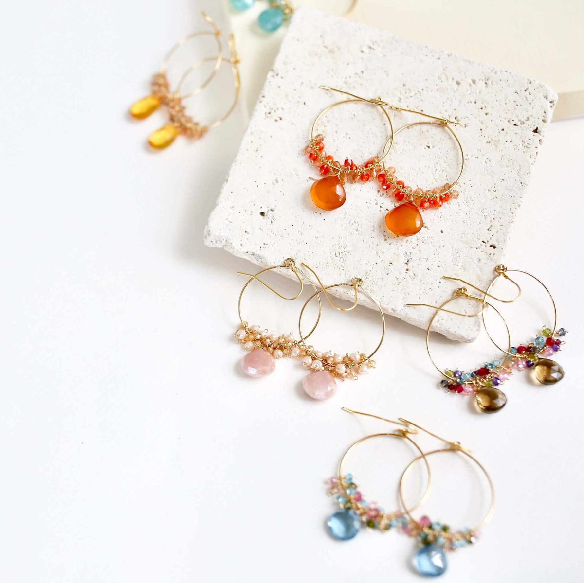 Peach Moonstone Swing Earrings with 14k gold plated hoops and French hooks, 2.5 inches long, handmade in the USA