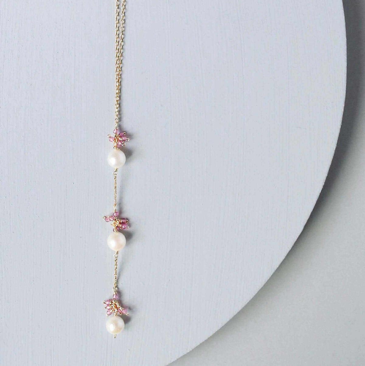 18-inch handmade Pearl And Pink Tourmaline Necklace with freshwater pearls and pink tourmaline on 14k gold plated sterling silver