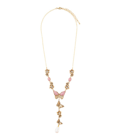Pink Rhodonite and White Pearl Golden Butterflies Y Necklace