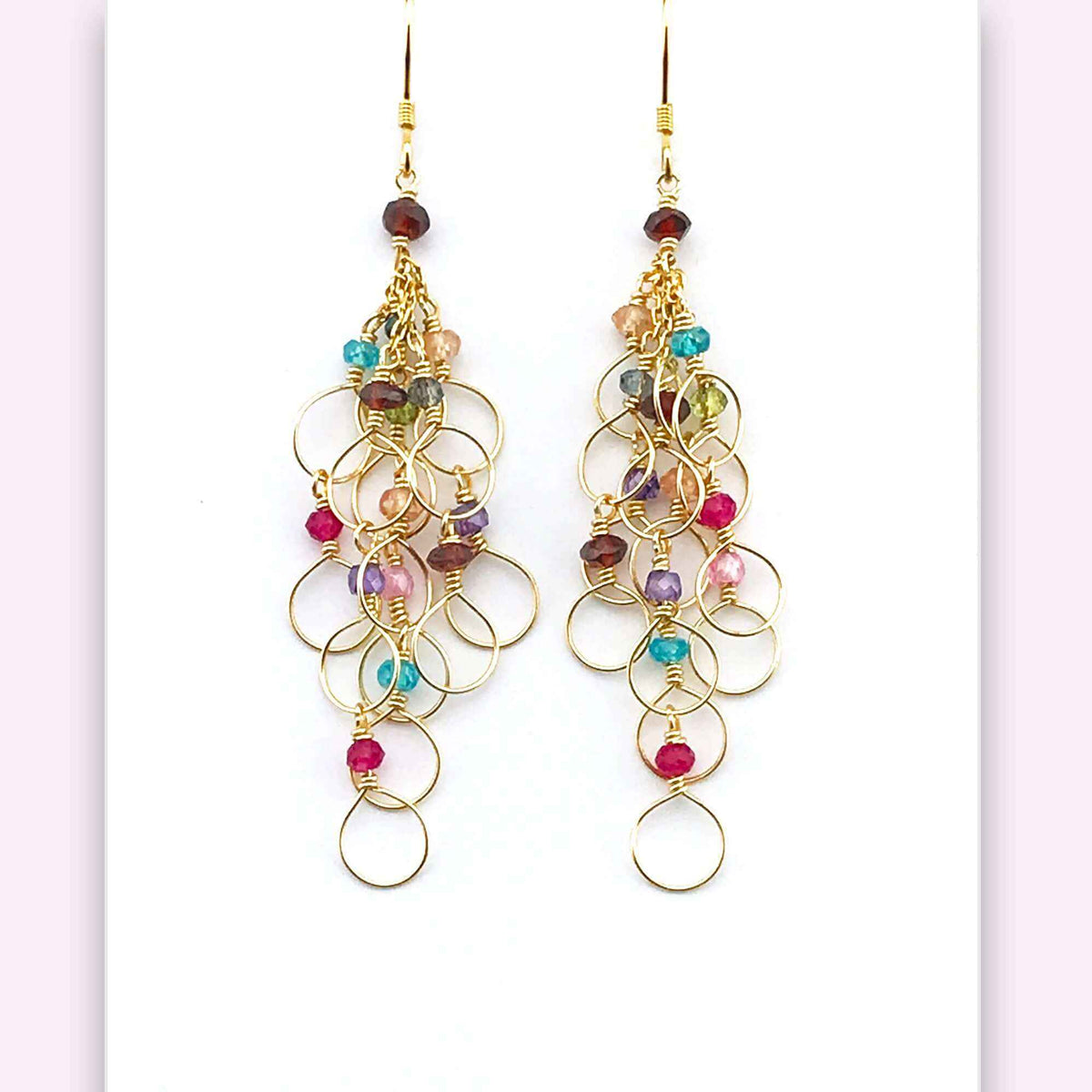 Colorful Rainbow Chain Loop Earrings with garnet, quartz, peridot, amethyst, ruby, apatite, tourmaline, and blue quartz gemstones on 14k gold plated sterling silver