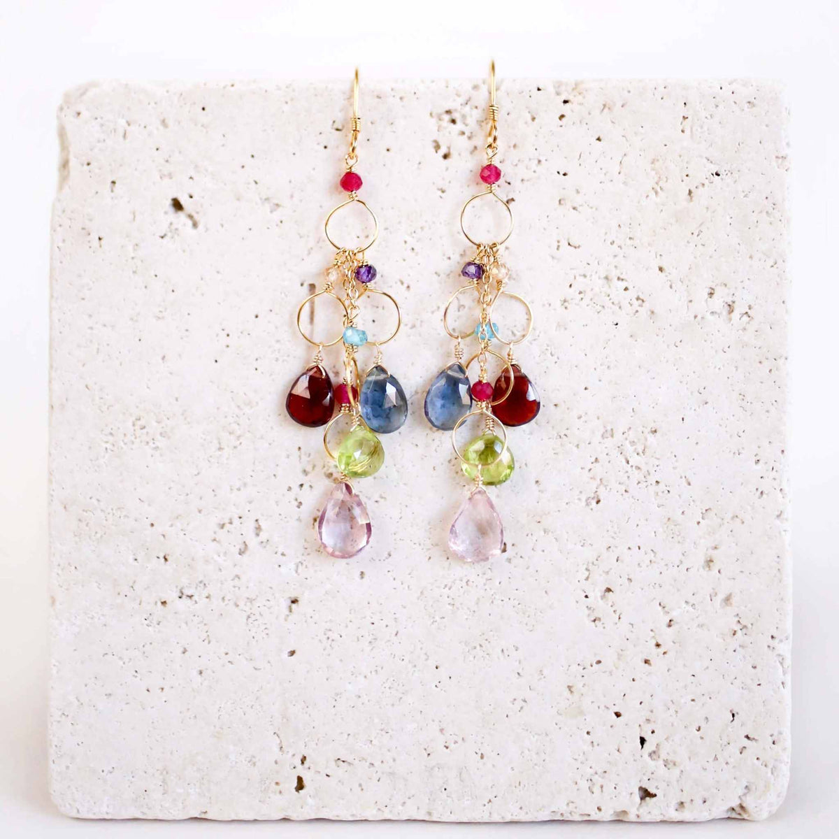 Colorful Rainbow Gemstone Waterfall Earrings with pink quartz, iolite, peridot, and garnet gemstones on gold plated sterling silver French hooks