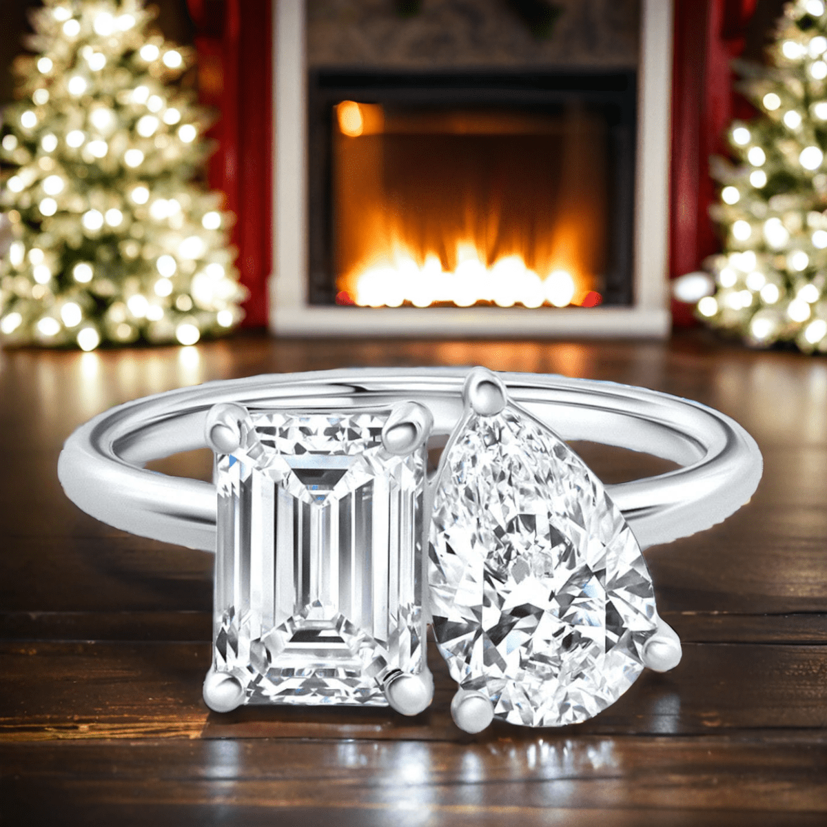 AGI Certified 3.50 CTW Toi Et Moi Lab Grown Diamond Ring in Pear &amp; Emerald Cut 14K White Gold