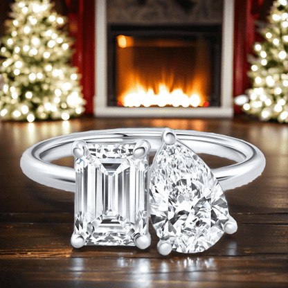 AGI Certified 3.50 CTW Toi Et Moi Lab Grown Diamond Ring in Pear &amp; Emerald Cut 14K White Gold