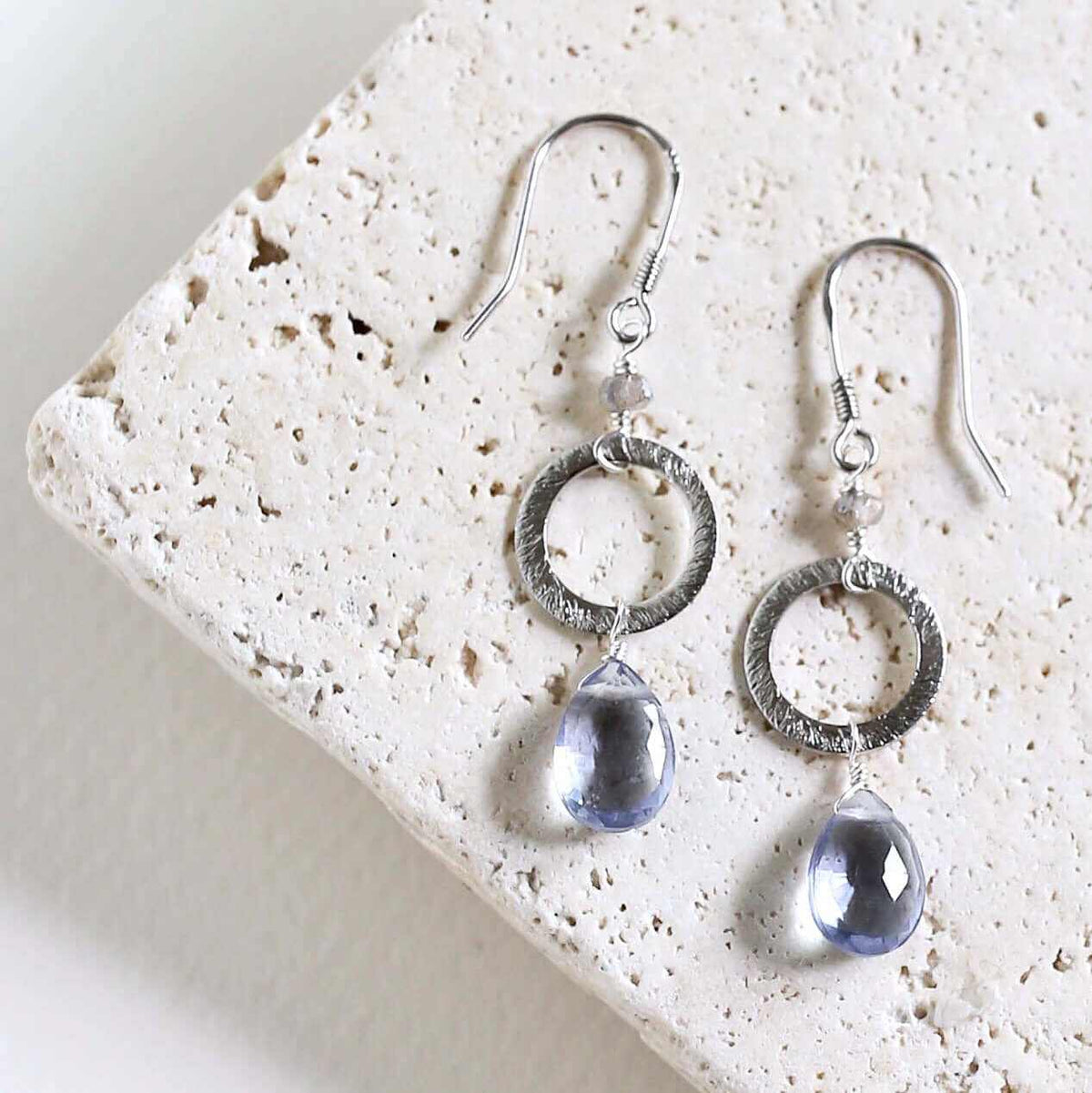 Tanzanite quartz gold drop earrings with 1.5-inch length and French hooks in 14k gold plated sterling silver