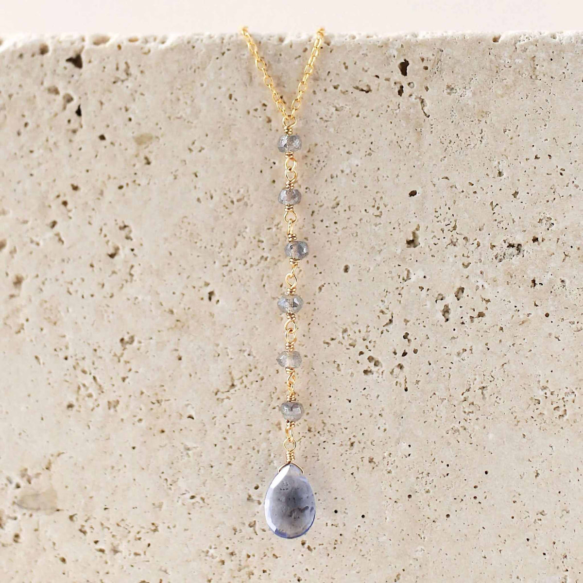 Tanzanite Quartz Yoga Pendant with labradorite accents in 14k gold plated sterling silver on adjustable chain