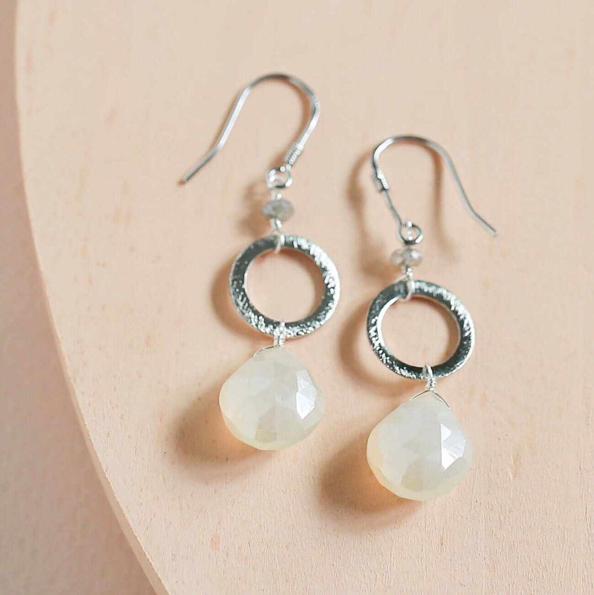 The Airie Earring white chalcedony gold 1.5 inch French hook handmade sterling silver jewelry