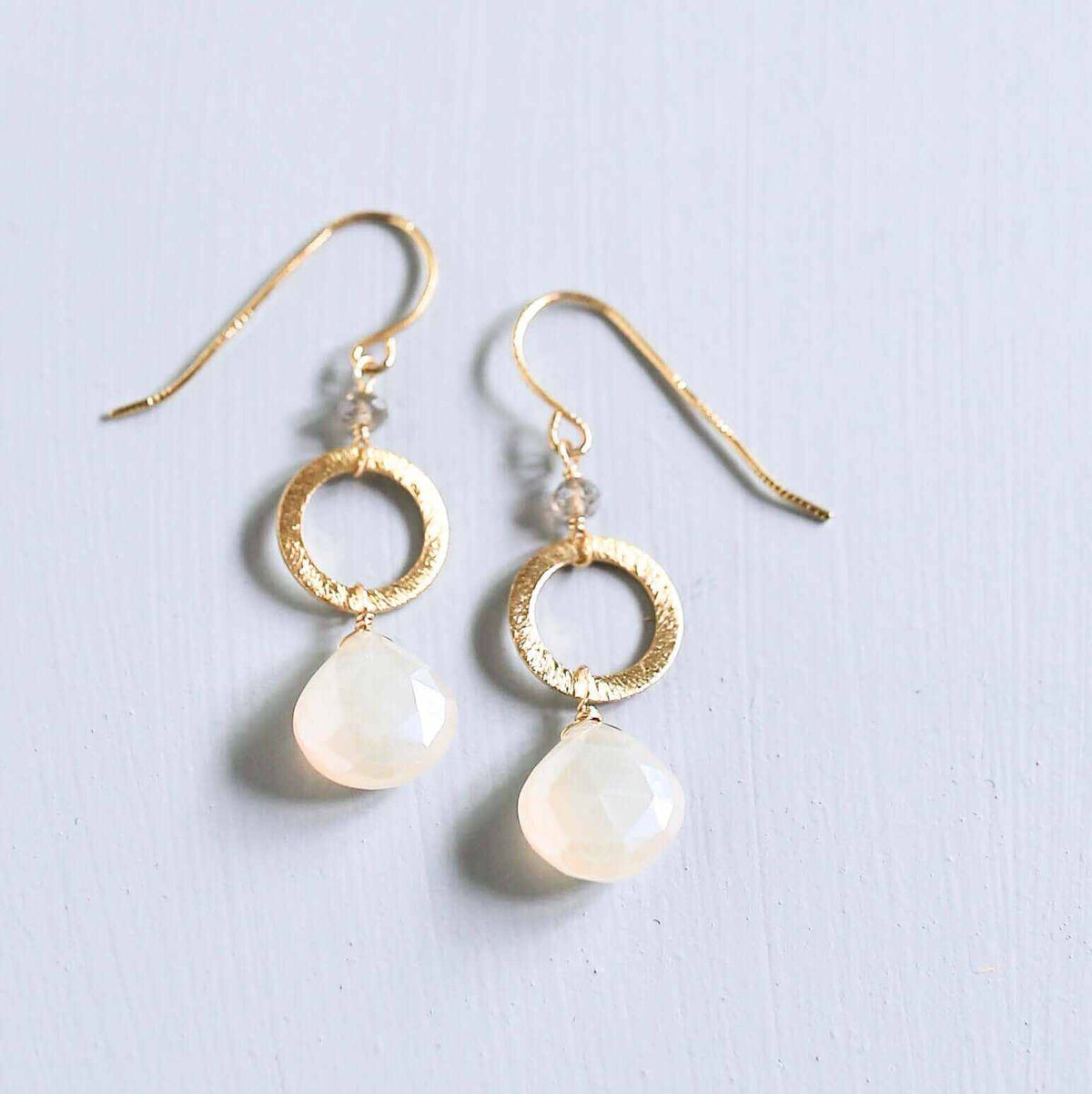 The Airie Earring white chalcedony gemstones 14k gold plated sterling silver French hooks