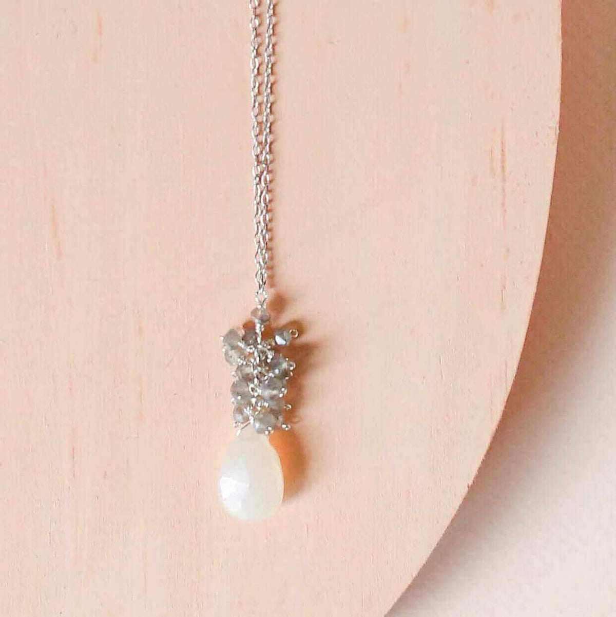 White chalcedony cluster necklace with labradorite gems and gold plated sterling silver