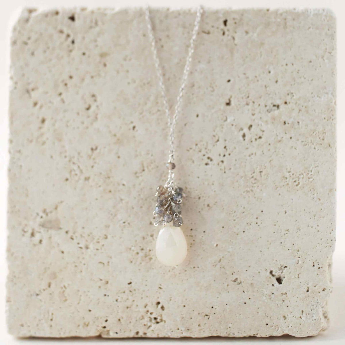 White chalcedony cluster necklace with labradorite gems and gold plated sterling silver chain