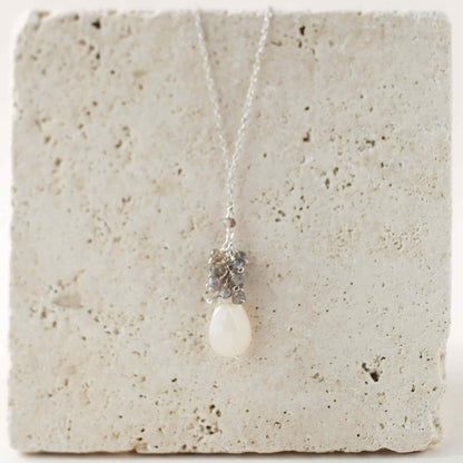 White chalcedony silver necklace with raindrop pendants and labradorite cluster on sterling silver chain
